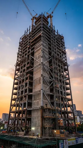 Rascacielos en construcción mostrando su estructura de acero