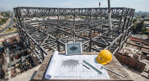Vista aérea de una obra con vigas de acero estructural