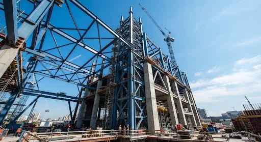 Obra en construcción con vigas de acero y pilares de concreto
